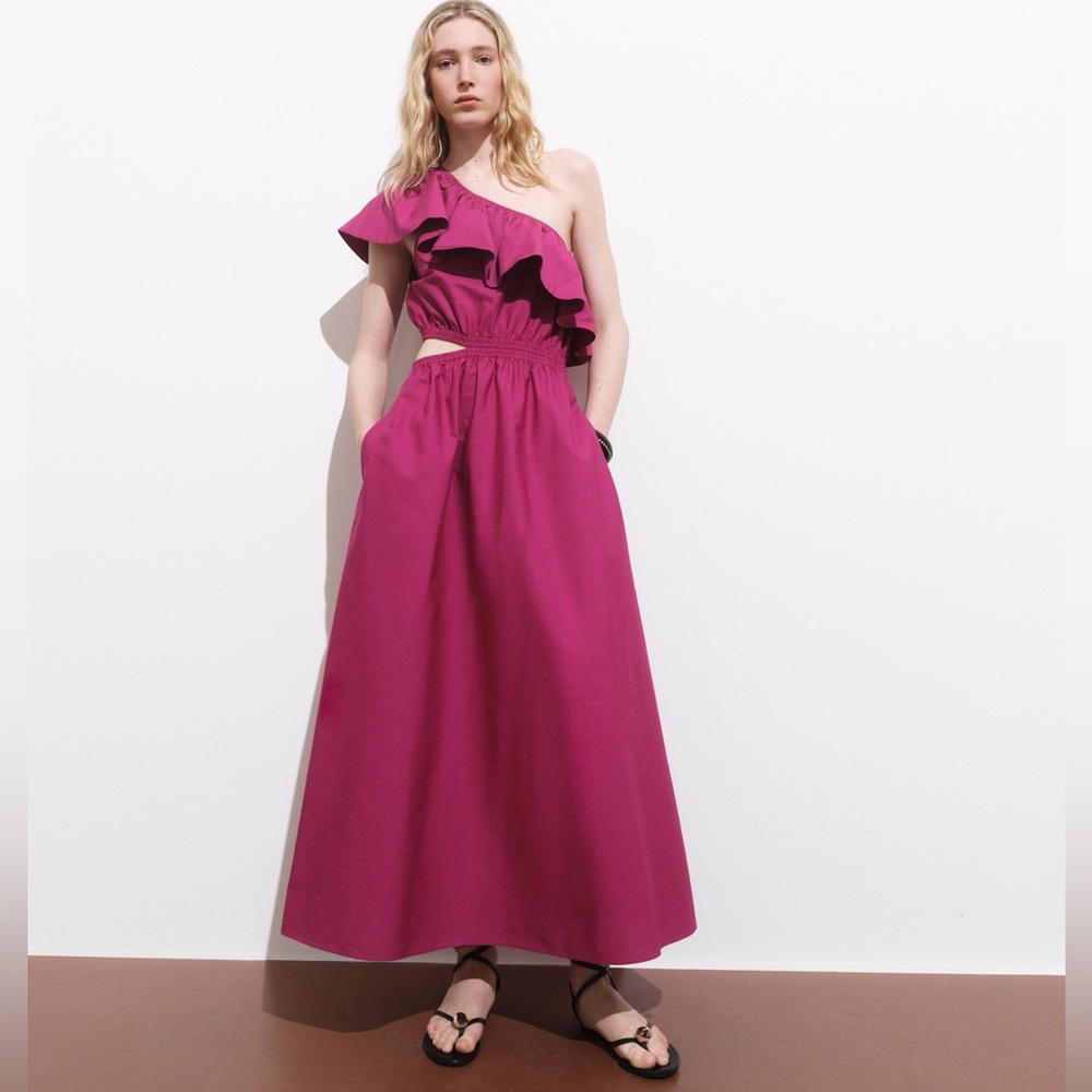 Mango One Shoulder Ruffle Cut Out Midi Dress Size 4 Magenta Pink NWOT